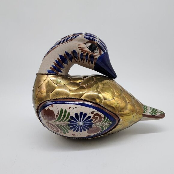 Mexican Tonala Pottery & Brass Duck Figurine Set Of 3 Gold & Blue Mom Ducklings - Picture 6 of 11